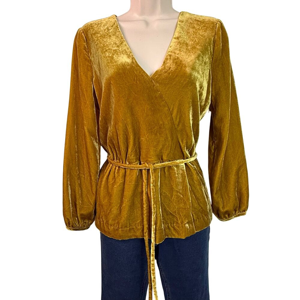 NWT J Crew Velvet Chartreuse Gold Belted Top V Neck Long Sleeve Side Zip - Picture 2 of 16